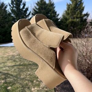 Ugg new heights slide suede platform chunky heels sandal shoe tan